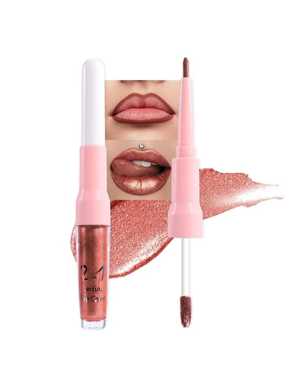 Women's 20# Copper-Metallic 2-in-1 Metallic Long Lasting Lipstick And Lip Liner